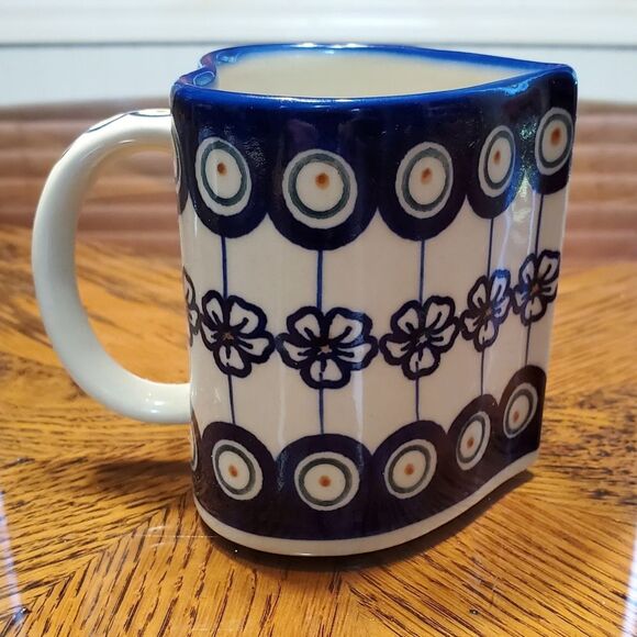 Polish Pottery Hand Made Heart Shaped Mug Flowering Peacock Ceramika Bona - Picture 5 of 7